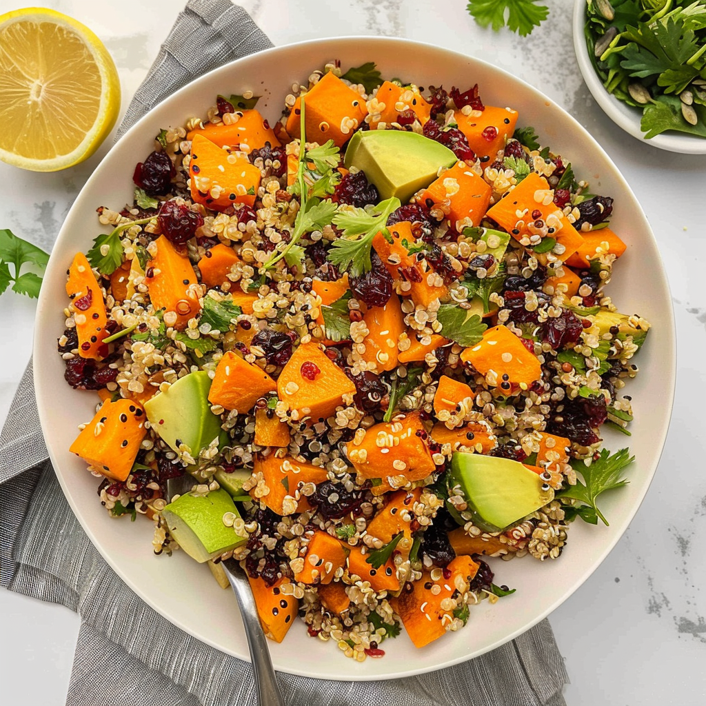 Recipe preparation for Warm Sweet Potato & Cranberry Quinoa Crunch Bowl