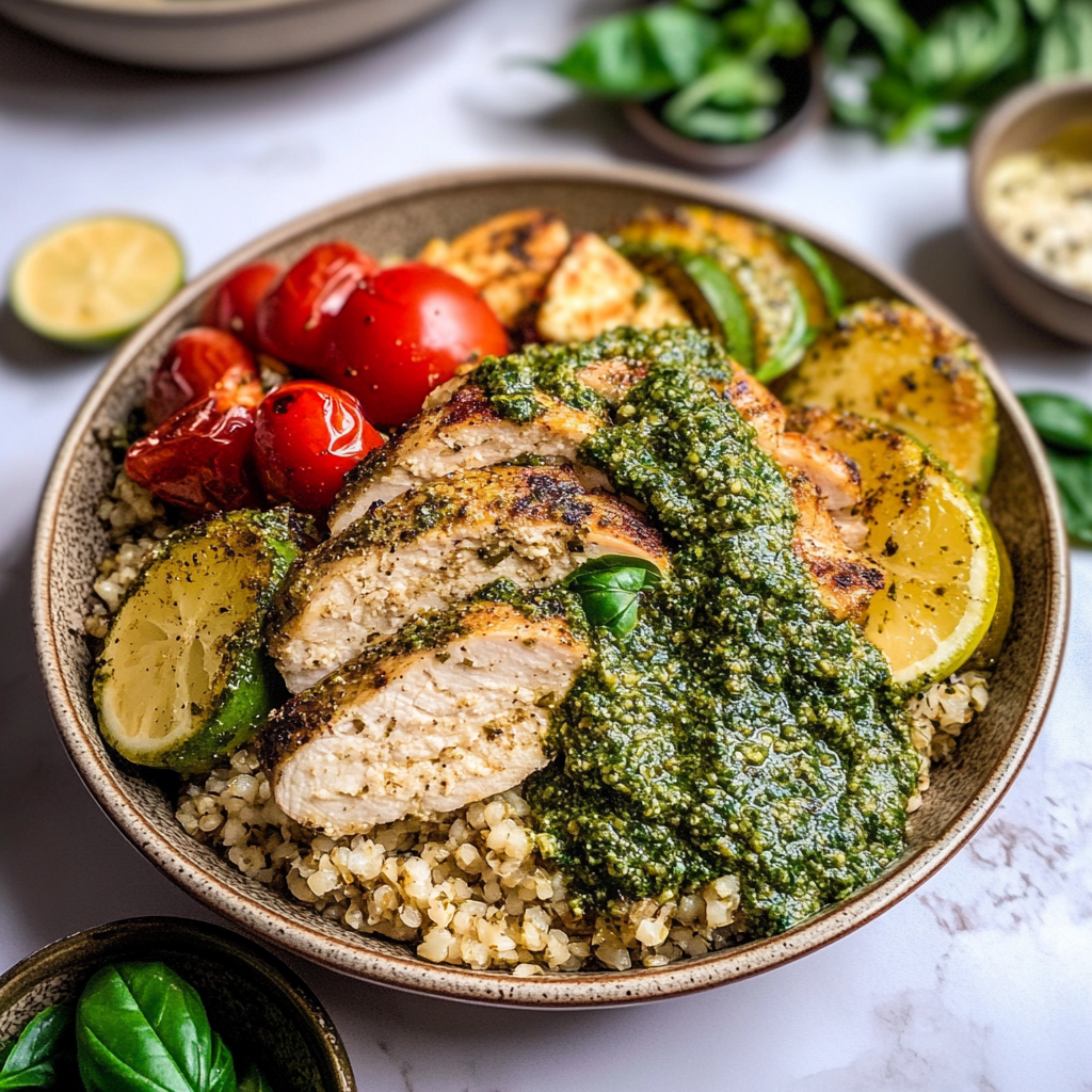 Recipe preparation for Creamy Pesto Chicken Grain Bowl