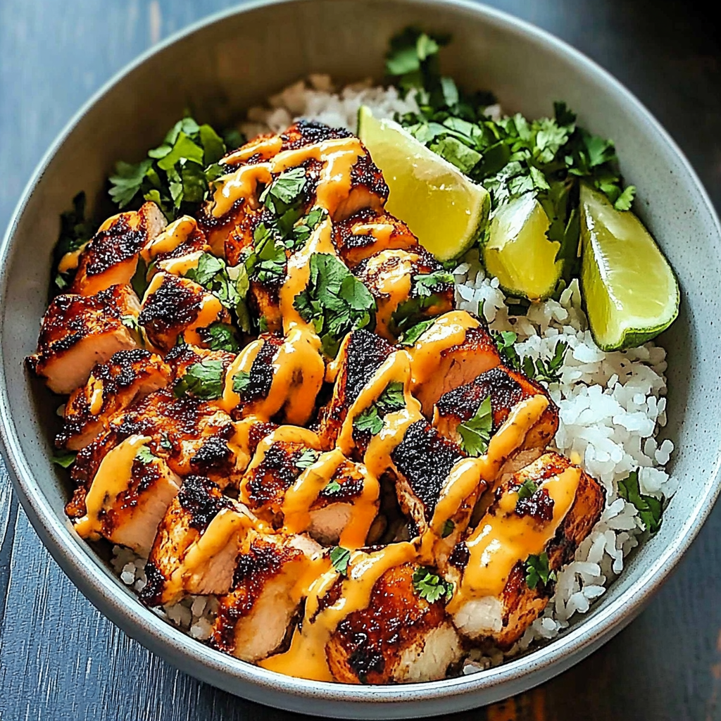 Recipe preparation for Sweet Chili Chicken Bowl with Coconut Lime Drizzle