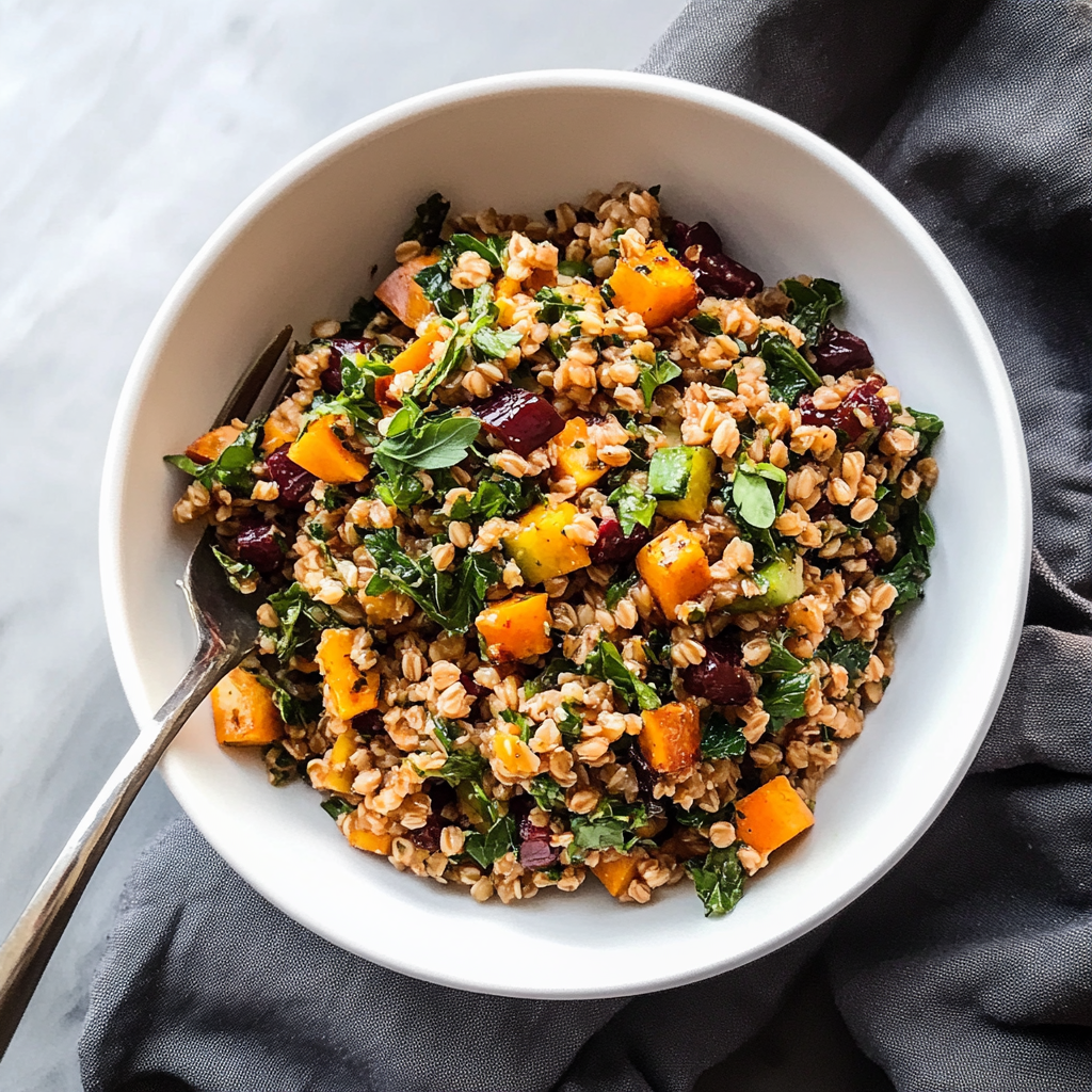 Recipe preparation for Farro Salad with Roasted Vegetables