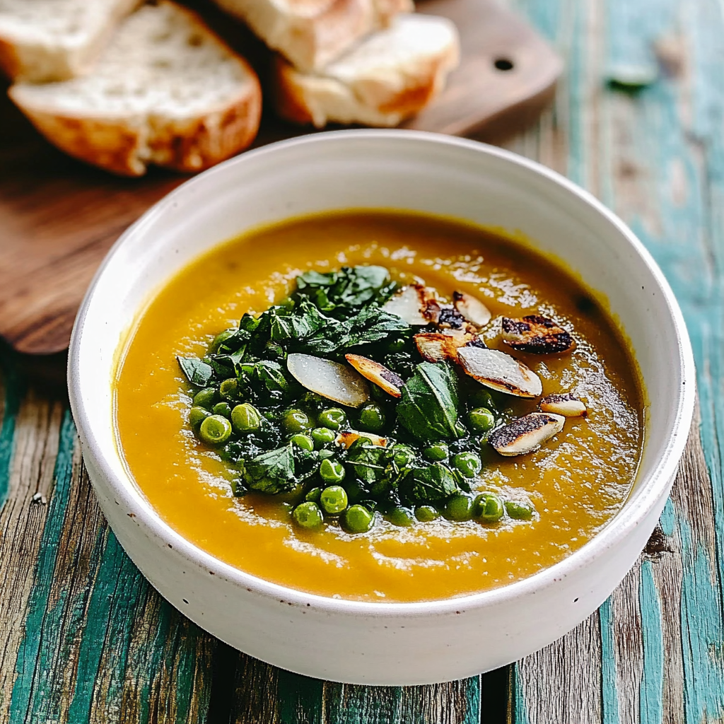 Recipe preparation for Nigel Slater’s Minty Pea Soup with Parmesan Toasts