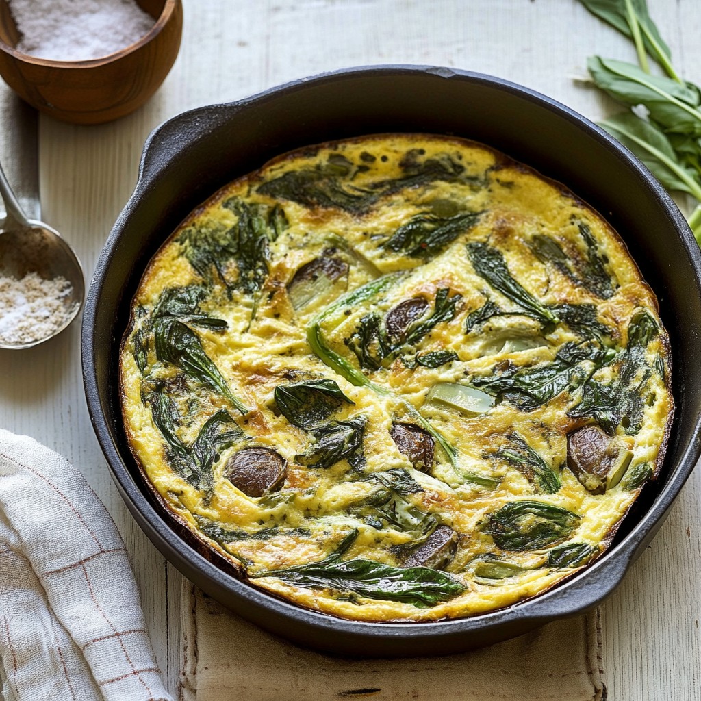 Recipe preparation for Cheesy Spinach & Artichoke Frittata With Arugula