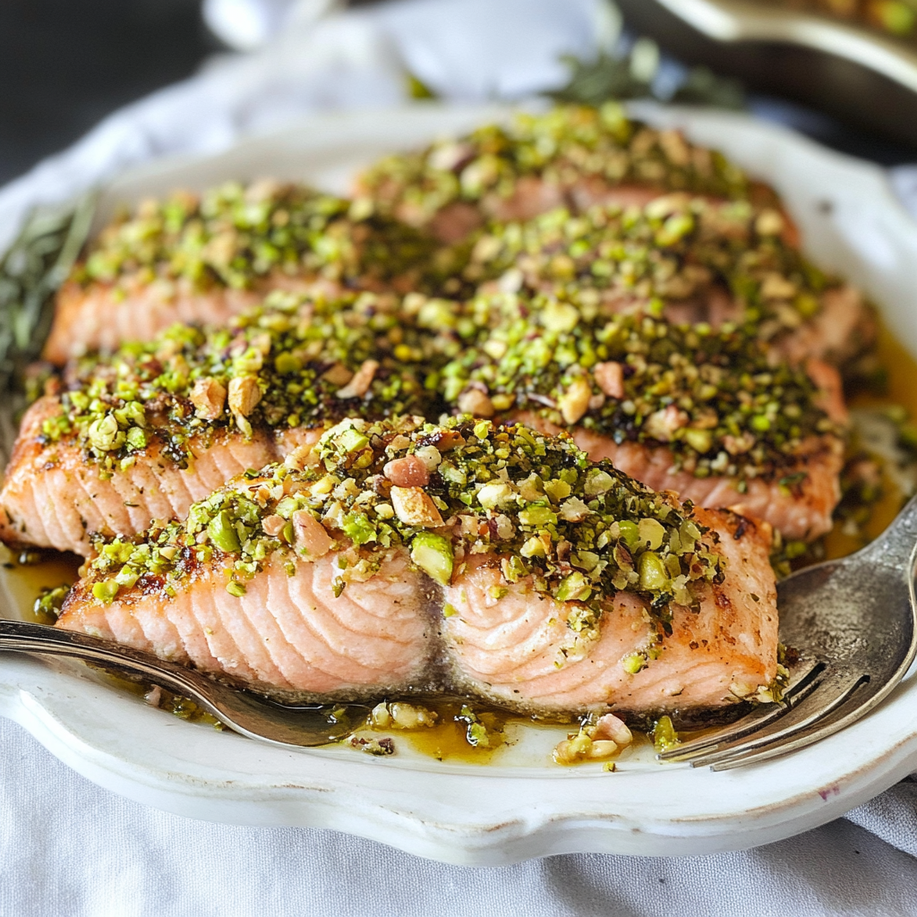 Recipe preparation for Pistachio Crusted Salmon