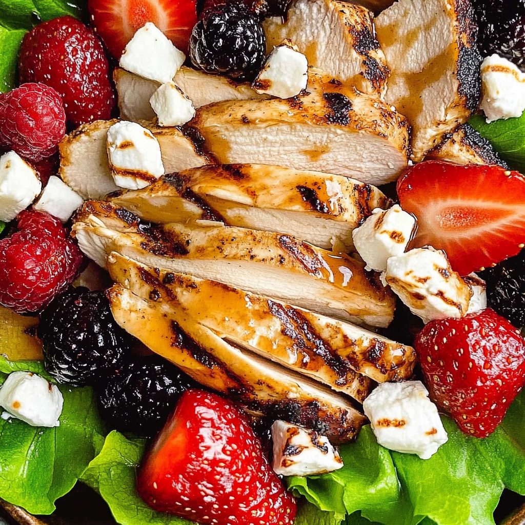 Recipe preparation for Balsamic Grilled Chicken Salad with Strawberries and Goat Cheese