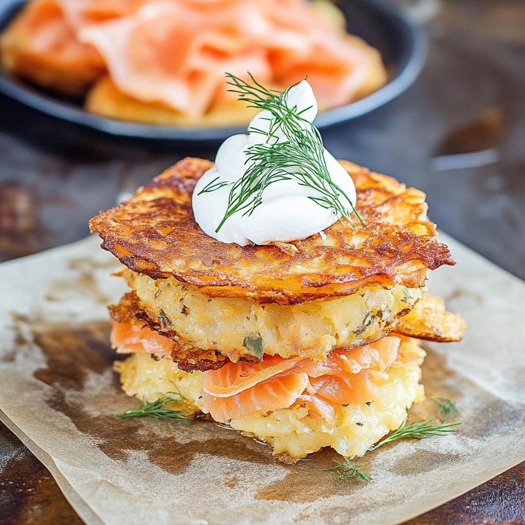 Recipe preparation for Smoked Salmon Potato Rosti Stack