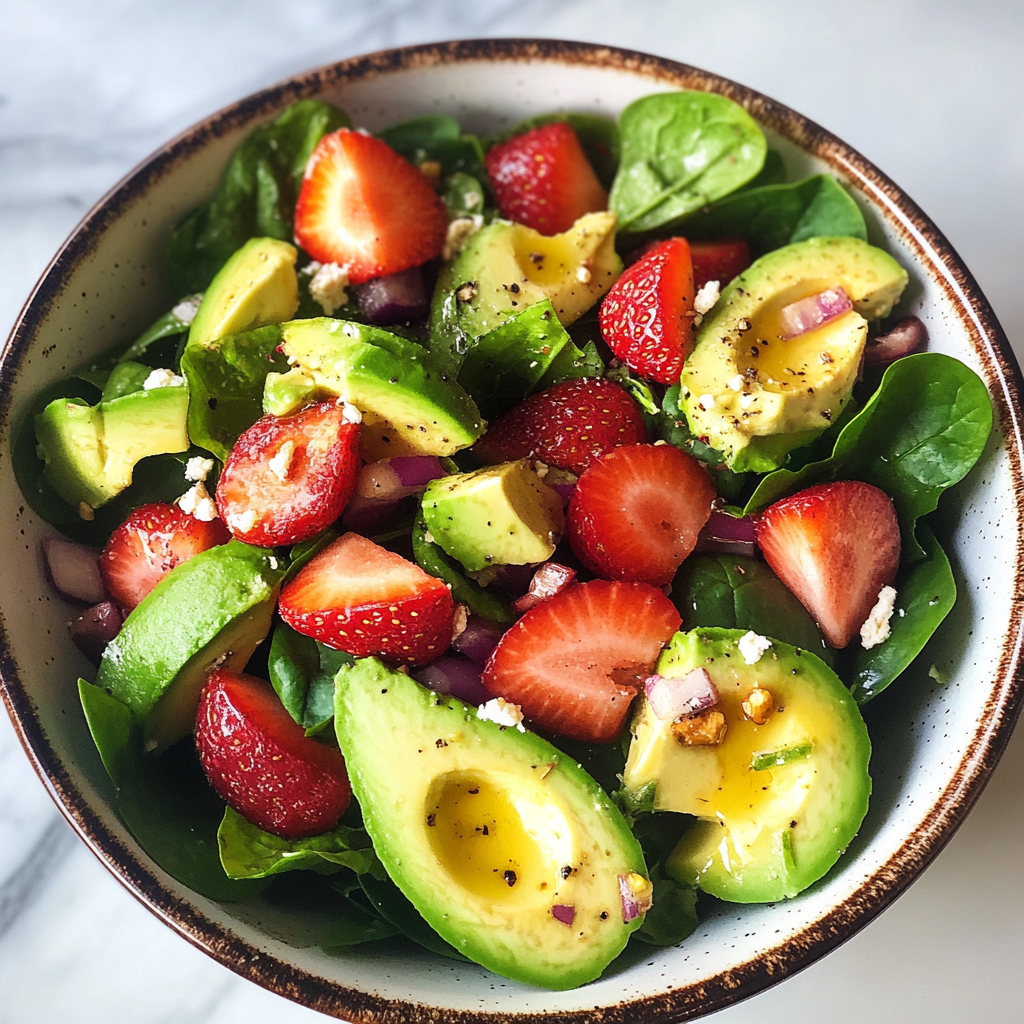 Recipe preparation for Avocado Strawberry Spinach Salad