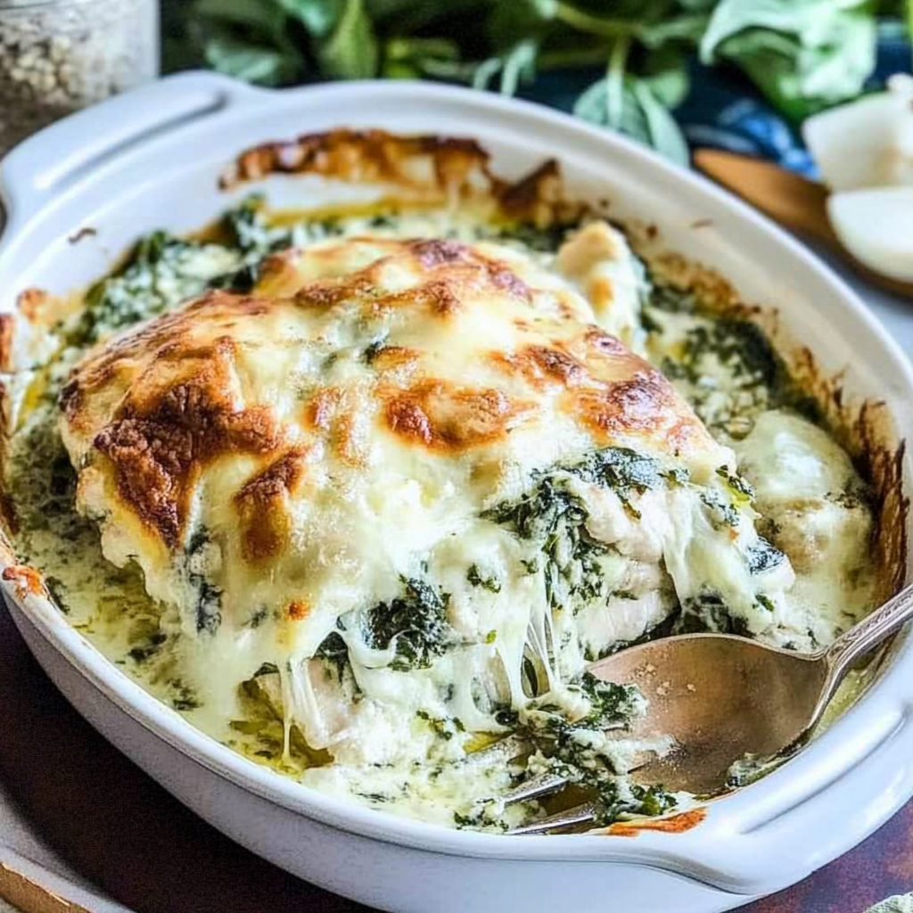 Recipe preparation for Creamy Spinach Artichoke Chicken Bake