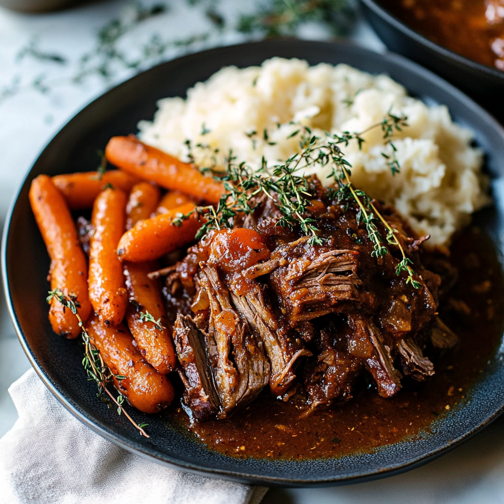 Recipe preparation for Tender Baked Pot Roast, Carrots, and Gravy