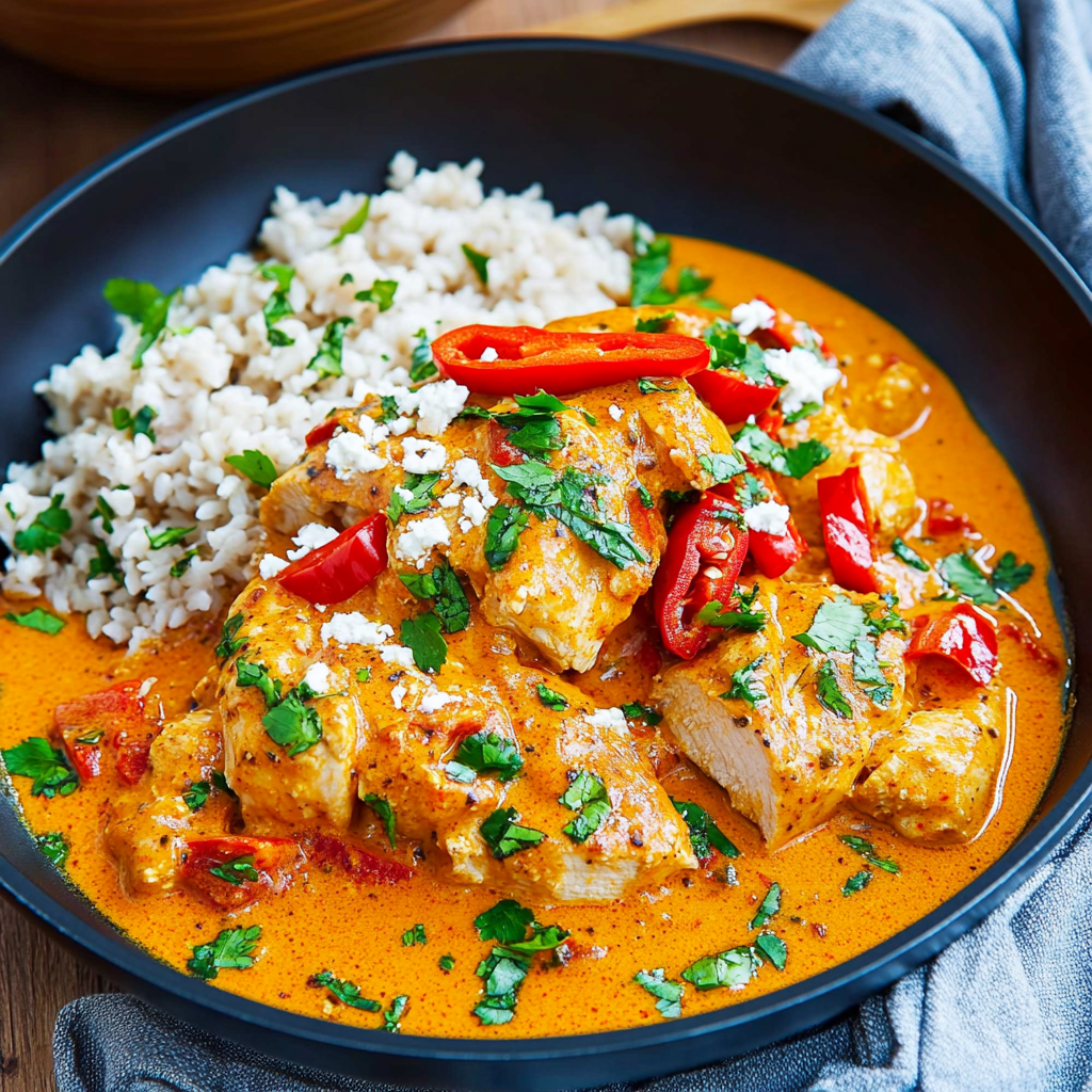Recipe preparation for Creamy Roasted Red Pepper Chicken Skillet