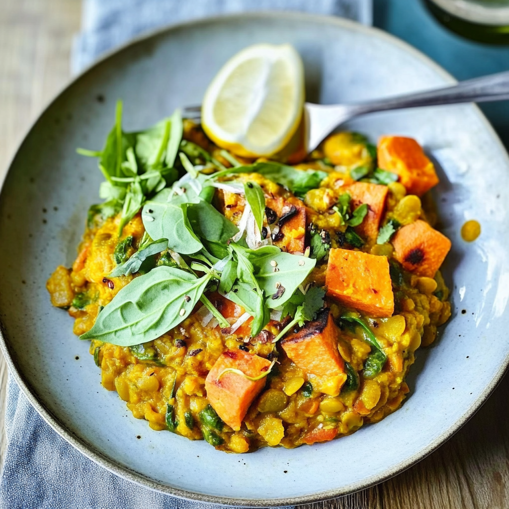 Recipe preparation for Spinach, Sweet Potato & Lentil Dhal