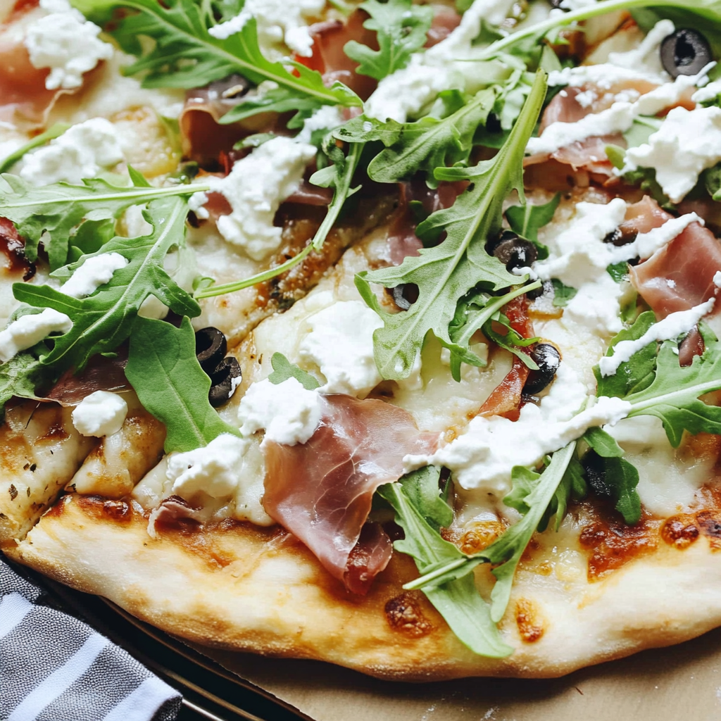 Recipe preparation for Keto Goat Cheese Pizza With Prosciutto and Arugula