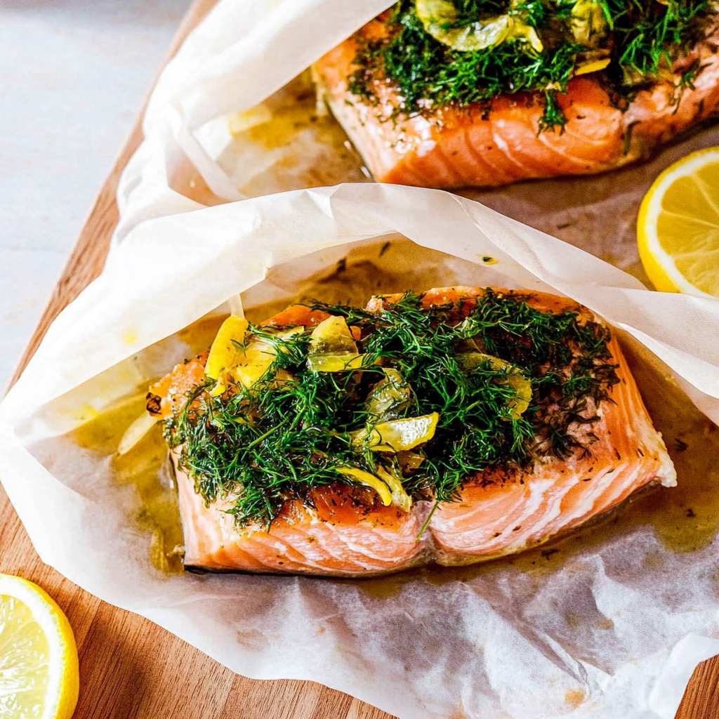 Recipe preparation for Salmon en Papillote With Lemon Dill Compound Butter and Gremolata