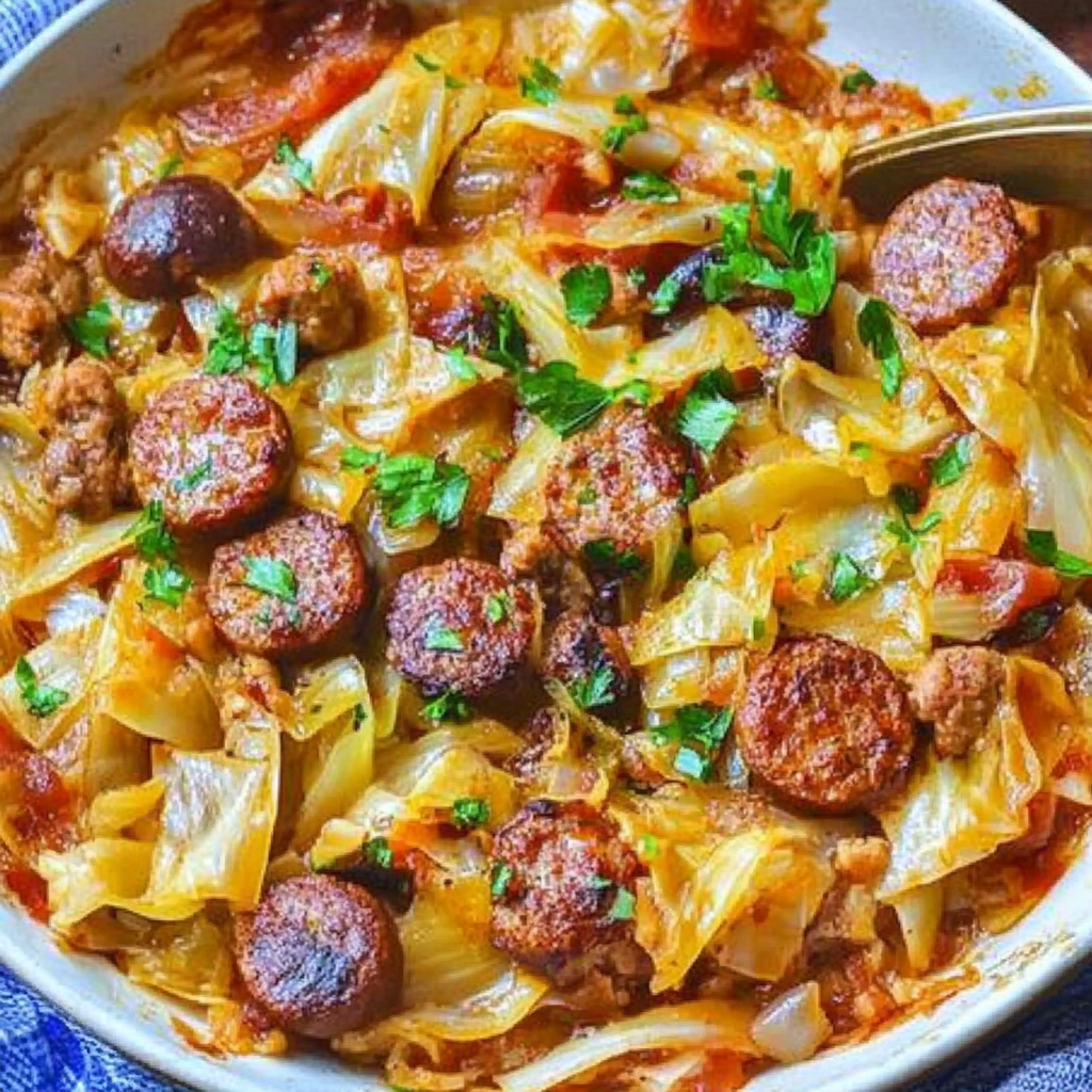 Recipe preparation for Roasted Cabbage & Sausage Bake