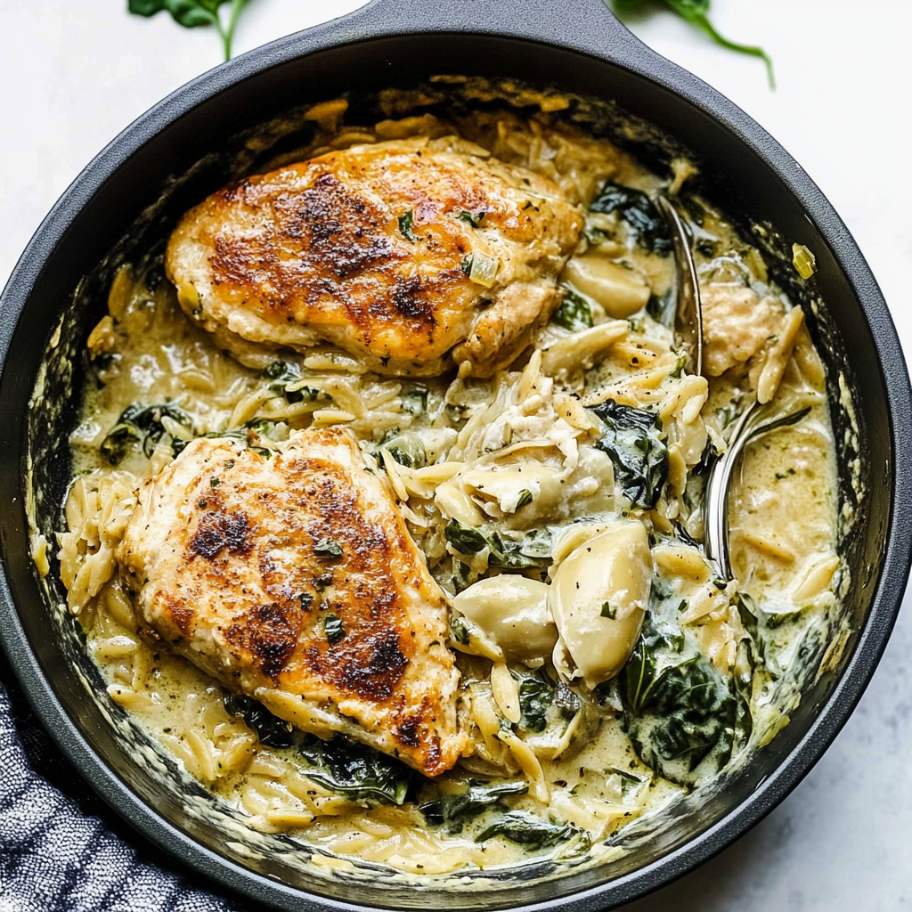 Recipe preparation for Spinach and Artichoke Chicken Orzo