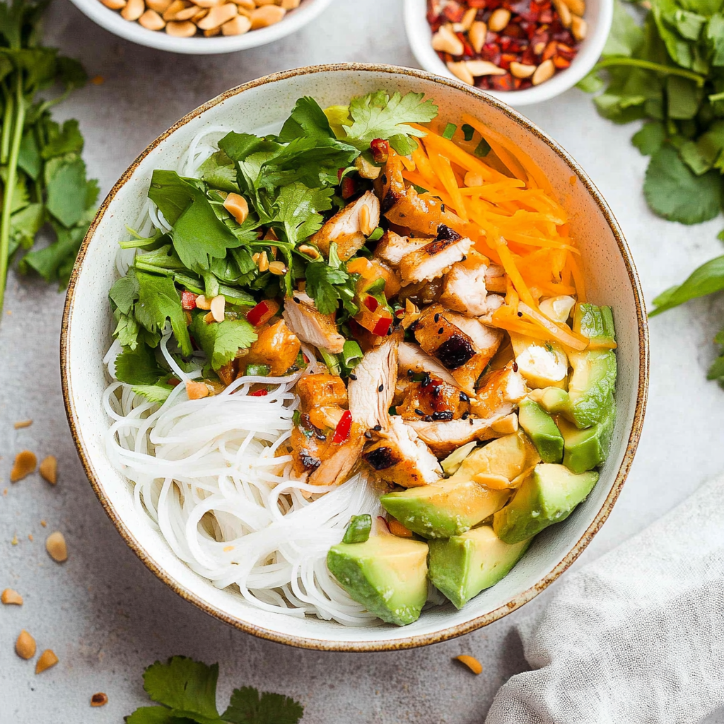 Recipe preparation for Peanut Chicken Spring Roll Bowls