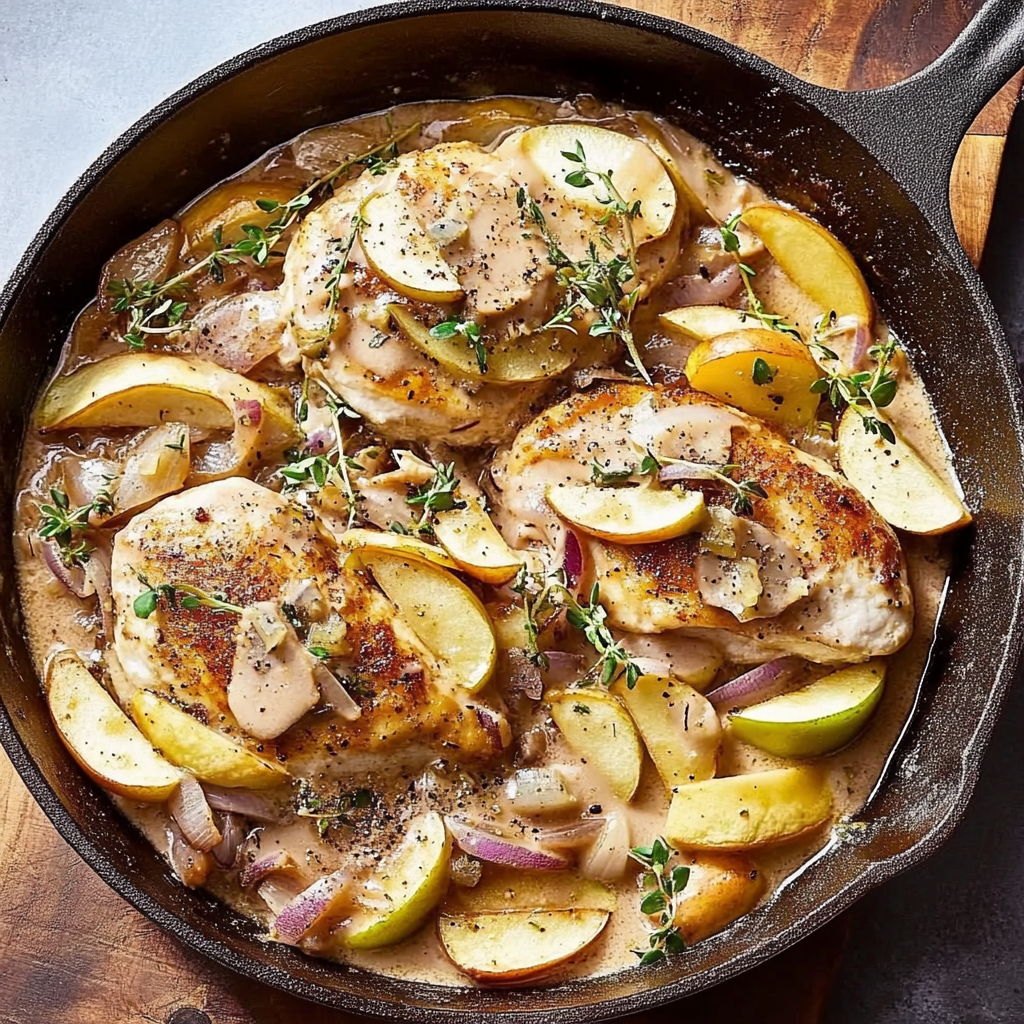 Recipe preparation for Creamy Apple Bourbon Chicken Skillet