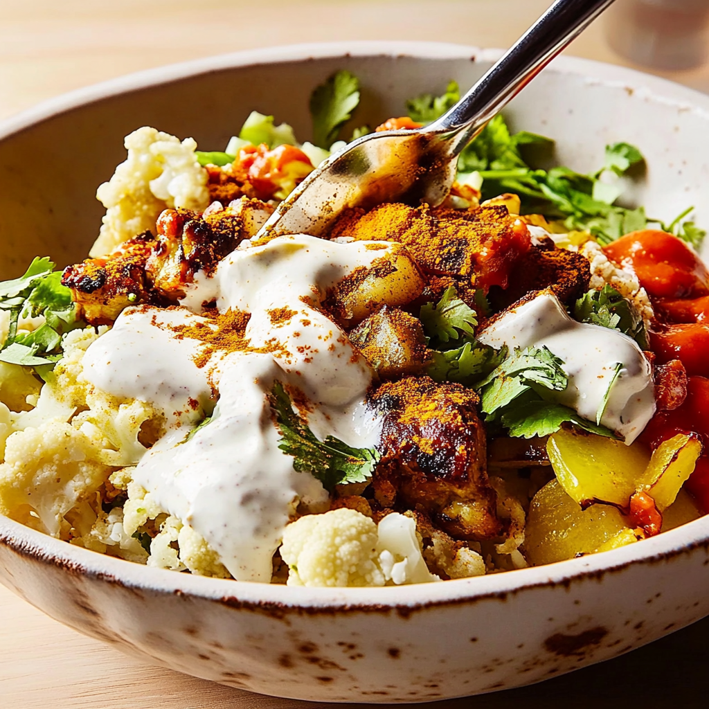 Recipe preparation for Halal Cart-Style Cauliflower Bowl