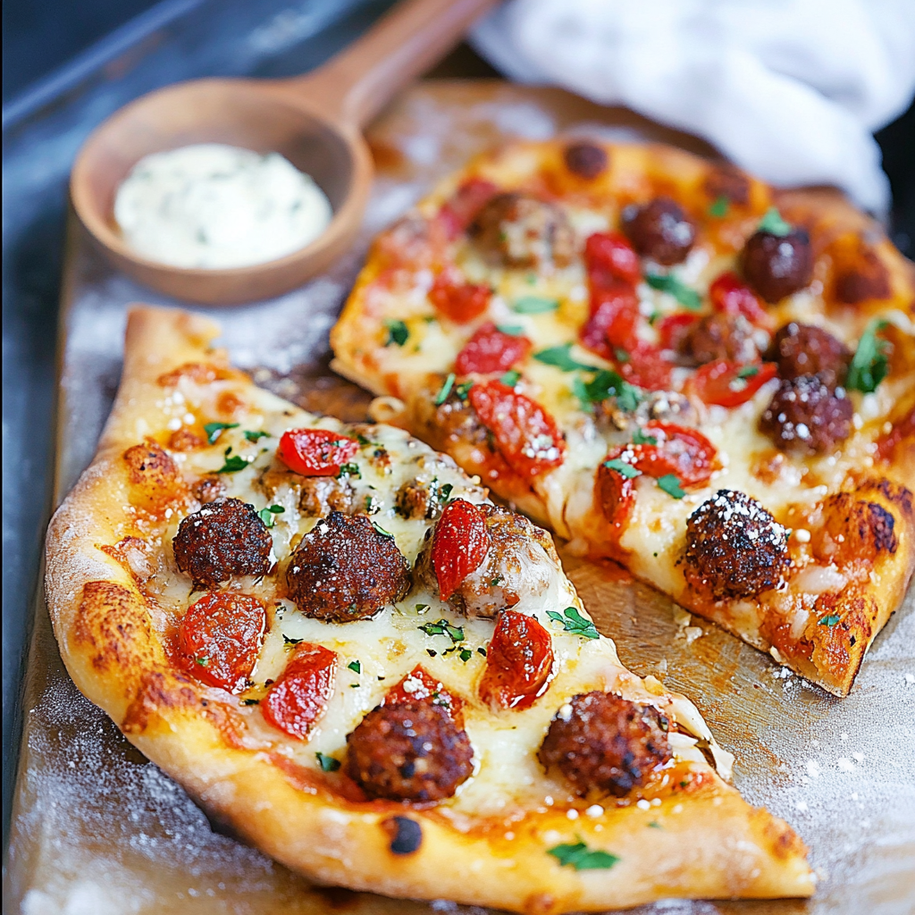 Recipe preparation for Naan Meatball Pizzas