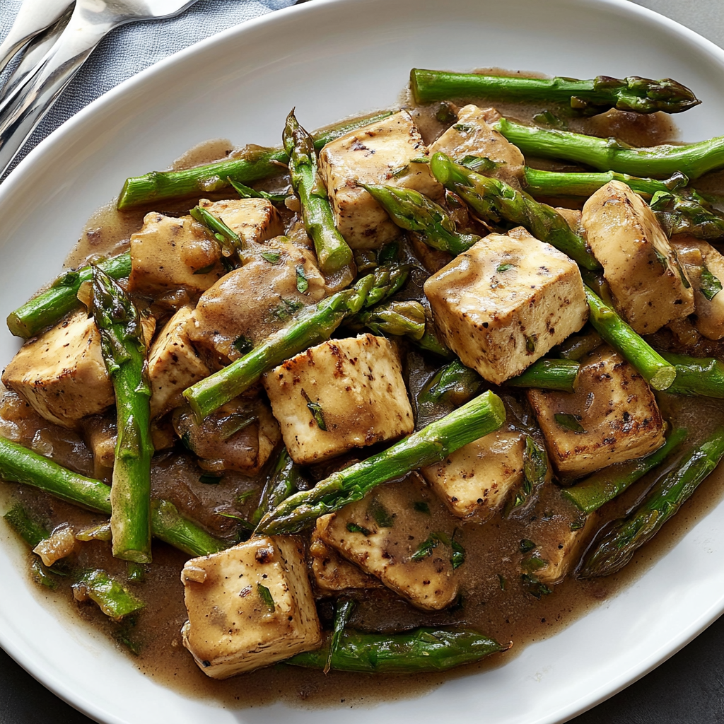Recipe preparation for Tofu Marsala With Asparagus