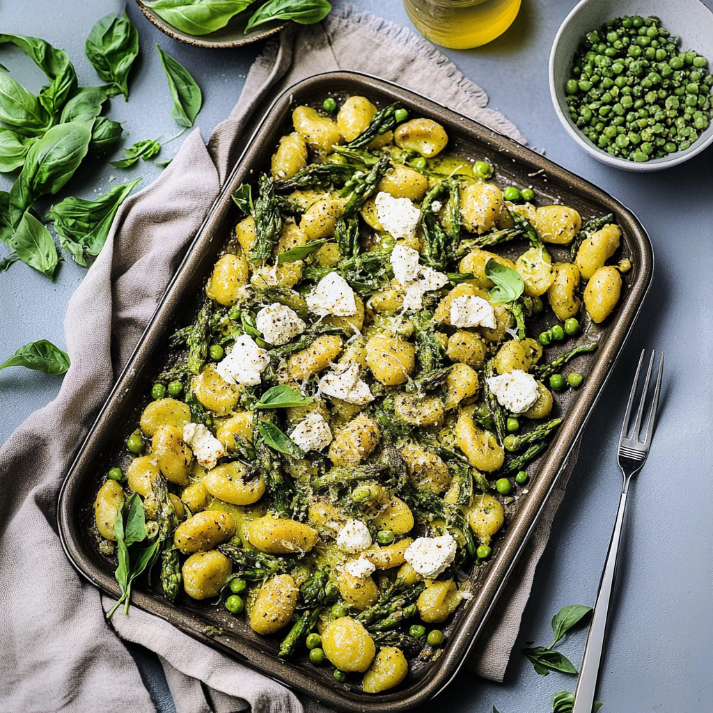 Recipe preparation for Sheet-Pan Gnocchi With Asparagus, Leeks and Peas