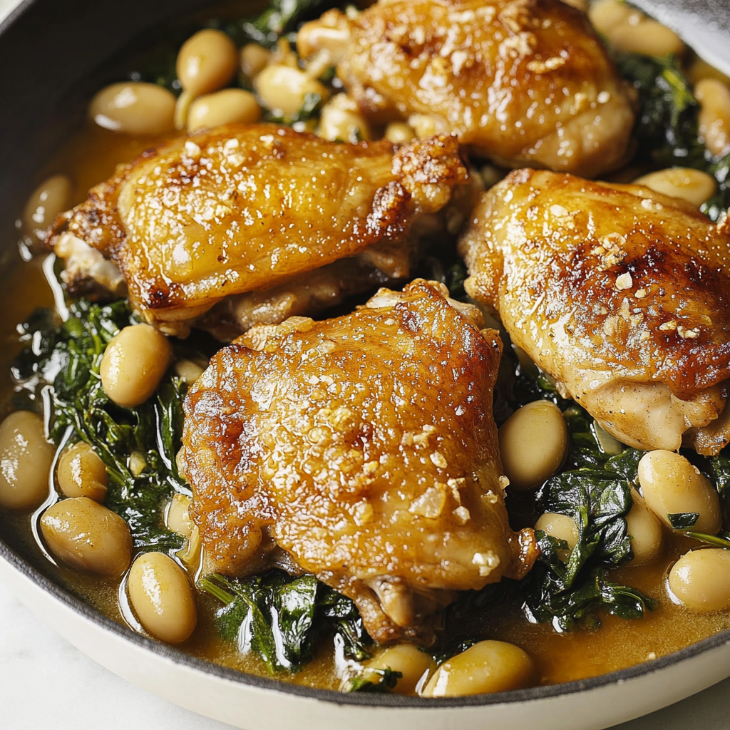 Recipe preparation for Crispy Chicken Thighs and Butter Beans